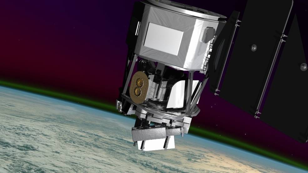 An artist concept of NASA’s Ionospheric Connection Explorer. The spacecraft will observe colorful swaths of light called airglow to track how Earth’s weather and space weather interact.